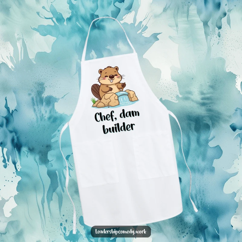 Funny beaver apron, directing dam construction, ideal for chefs and home cooks. A humorous kitchen accessory.