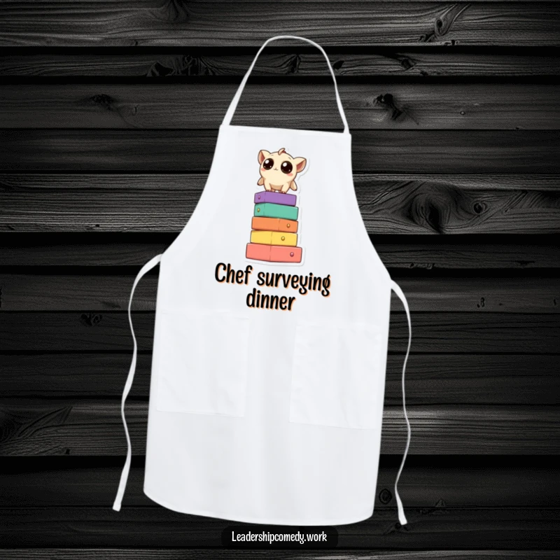 Funny apron with a creature on a block tower, its curious eyes wide, ready to add humor to your cooking or crafting sessions.