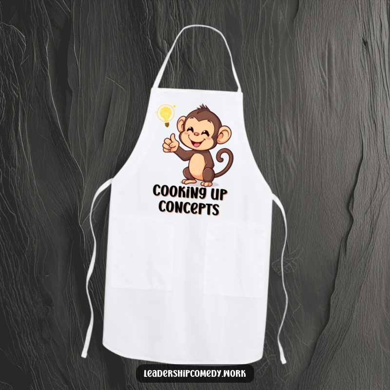 Funny monkey apron, holding a glowing idea bubble, ideal for chefs and home cooks. A humorous kitchen accessory.