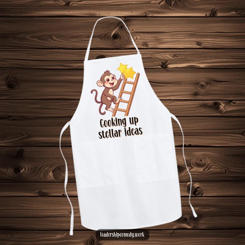 Funny Monkey climbing ladder apron, pointing to a star, humorous kitchenware for aspiring cooks.