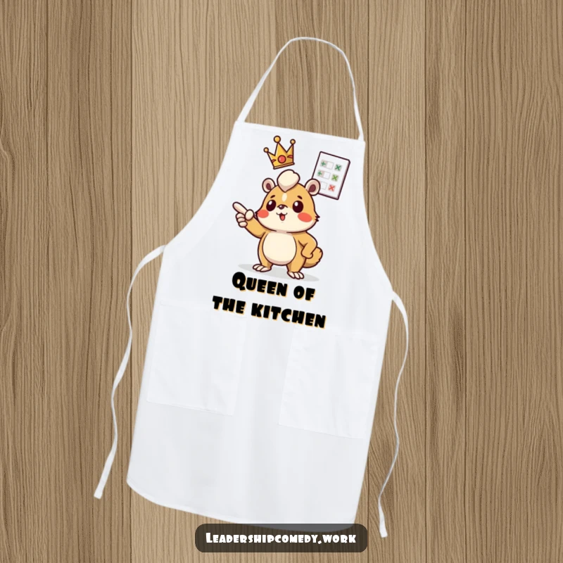 Funny apron: A crowned creature determinedly points at a floating chart, ideal for a leader in the kitchen.