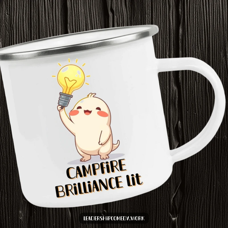 Funny camping mug with a joyful creature holding a glowing idea bulb, perfect for brainstorming during outdoor adventures.