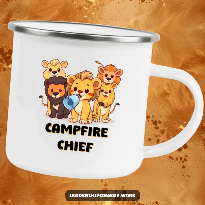 Funny camping mug featuring a brave lion cub leading animals with a megaphone, durable for outdoor adventures.