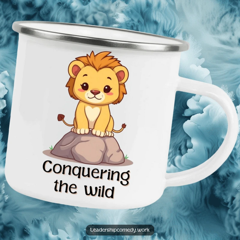 Funny lion cub camping mug for adventurers, featuring a determined cub, offering durability and a symbol of courage, a wonderful funny gift.
