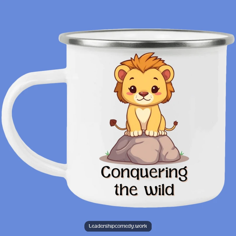 Funny Determined Lion Cub Camping Mug: Outdoor Courage Adventures, Durable Funny Gift
