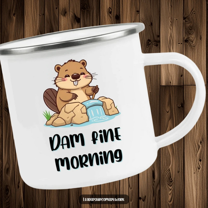 Funny beaver camping mug, cheerfully directing dam construction, great for outdoor enthusiasts. A humorous and durable gift.
