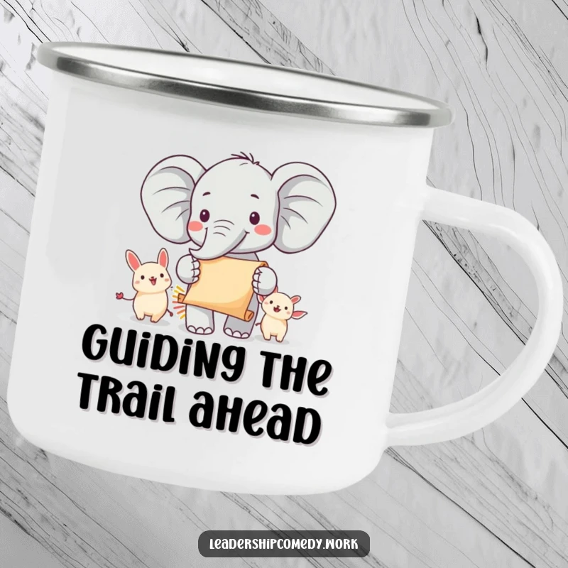 Funny elephant parade camping mug for outdoor leaders, featuring a cheerful elephant leading animals, offering durability and humor, a wonderful funny gift.