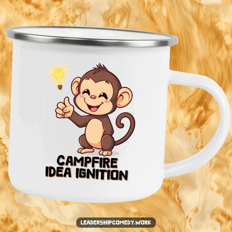 Funny monkey camping mug, showing a glowing idea bubble, great for outdoor enthusiasts. A humorous and portable gift.