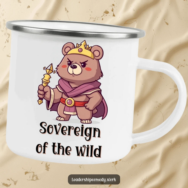Funny bear king camping mug, holding a scepter, for humorous and regal outdoor adventures.