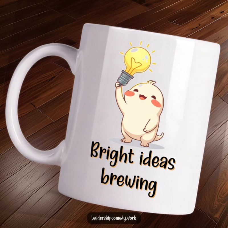Funny mug showing a joyful creature holding a large, glowing idea bulb above its head, symbolizing a moment of inspiration.