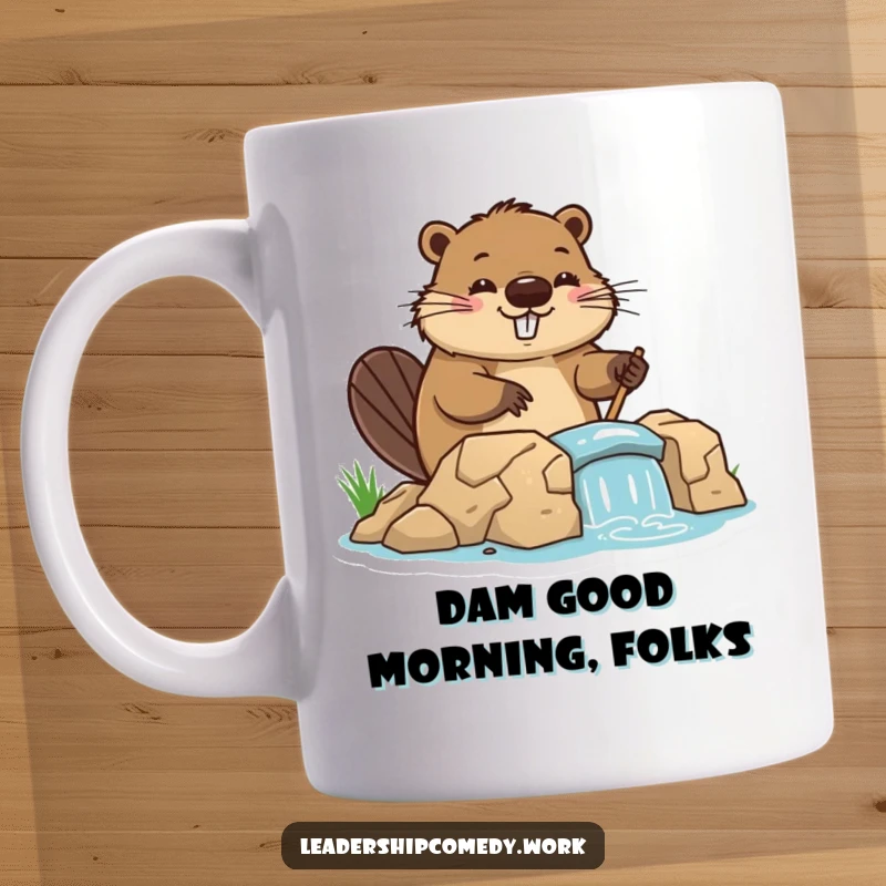 Funny beaver mug, diligently directing dam construction with a cheerful expression. Ideal for hardworking individuals.