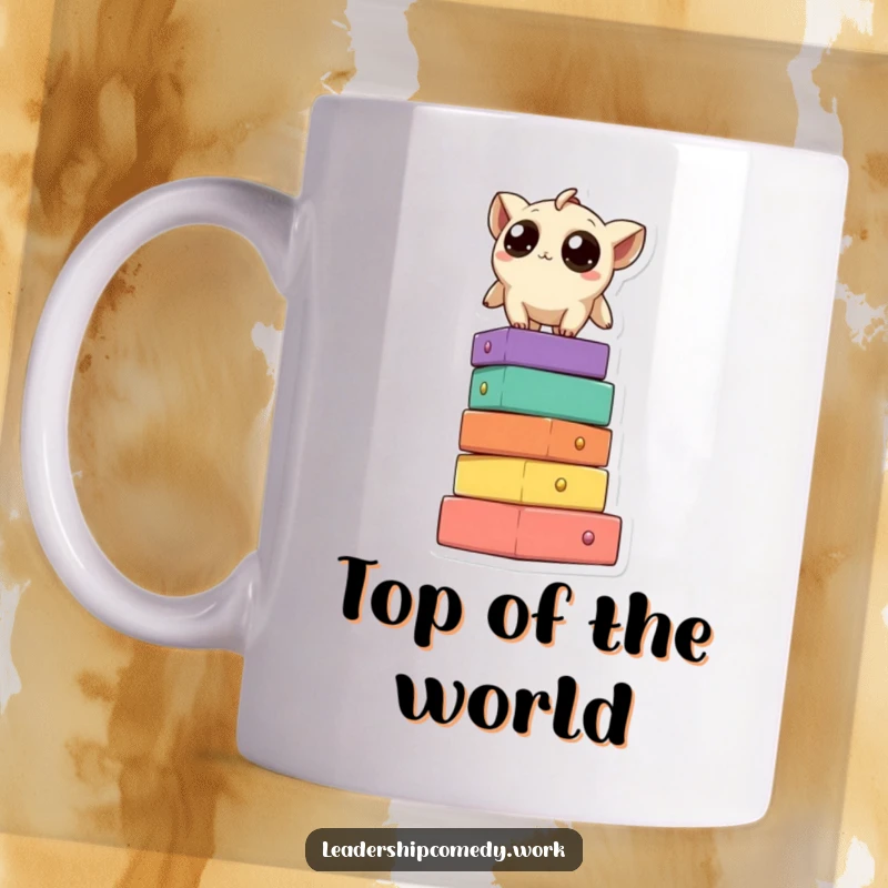 Funny mug showcasing a creature with big, curious eyes triumphantly standing atop a colorful block tower, looking out with wonder.