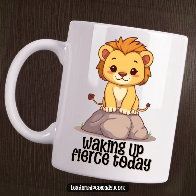 Funny lion cub mug showing a determined cub standing tall with puffed chest, radiating courage and a small but mighty roar, a fantastic funny gift.