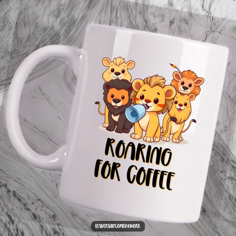 Funny mug with a brave lion cub confidently leading a group of diverse animals using a megaphone.