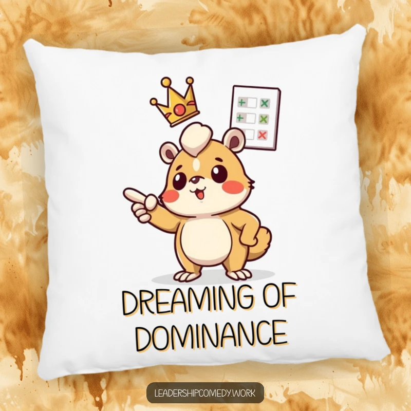 Funny pillow: A crowned creature determinedly points at a floating chart, perfect for adding motivational humor to relaxation.