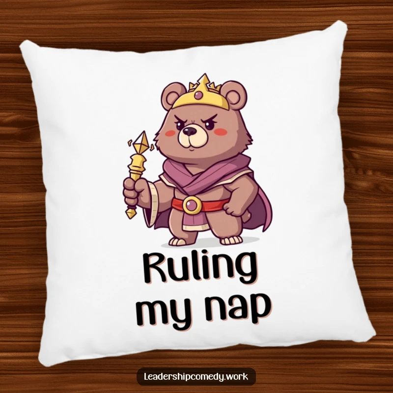 Funny bear king pillow, seated confidently with a scepter, soft and humorous decor.
