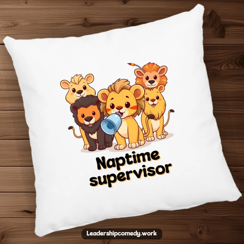 Funny pillow with a brave lion cub leading animals with a megaphone, designed for comfort and a touch of leadership.