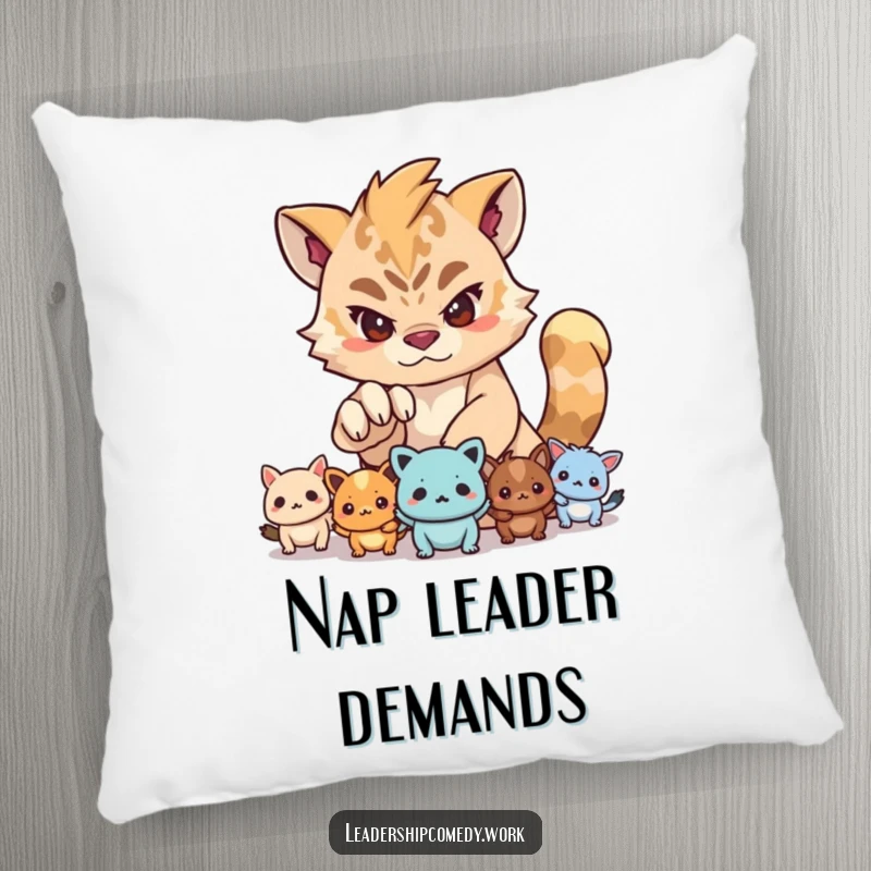 Funny pillow with a determined creature leading smaller creatures with its paw, offering soft comfort and a humorous touch of leadership.