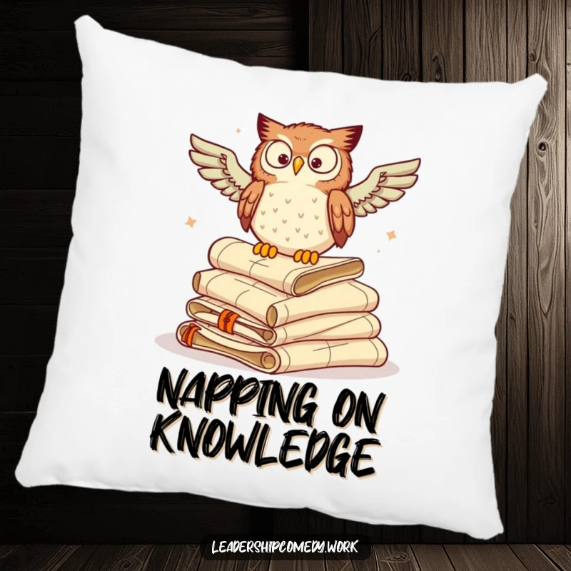 Funny pillow with a wise owl perched on scrolls, hooting directives, designed for comfort and intellectual inspiration.