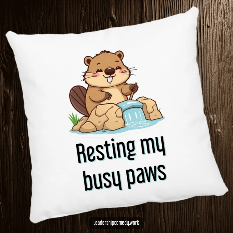 Funny beaver pillow, cheerfully directing dam construction, offering comfort and a funny, industrious vibe. Perfect for decor.