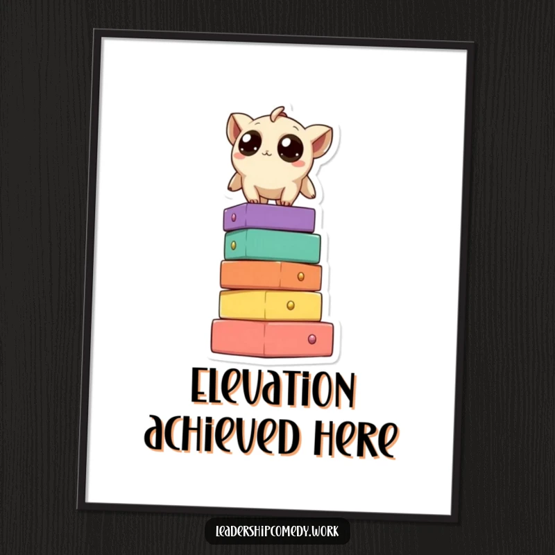 Funny digital art print of a creature with large, curious eyes standing atop a colorful stack of blocks, conveying a sense of playful wonder.