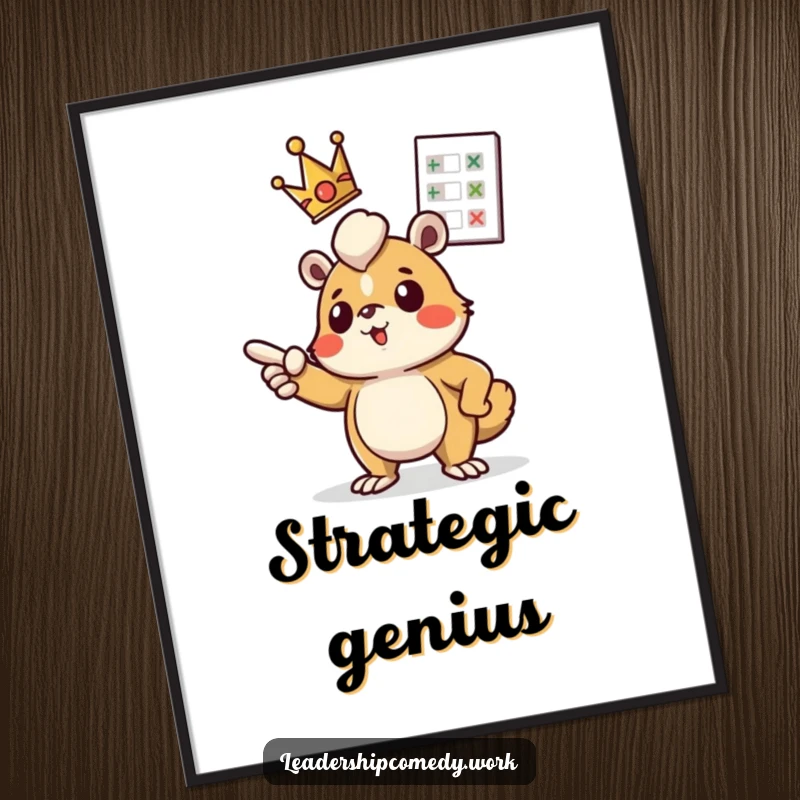 Funny digital art print: A crowned creature determinedly points at a floating chart, representing pure, unadulterated ambition and success.