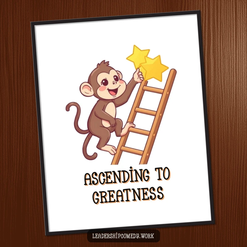 Funny Monkey climbing ladder digital art print, pointing to a star, instant humorous decor.