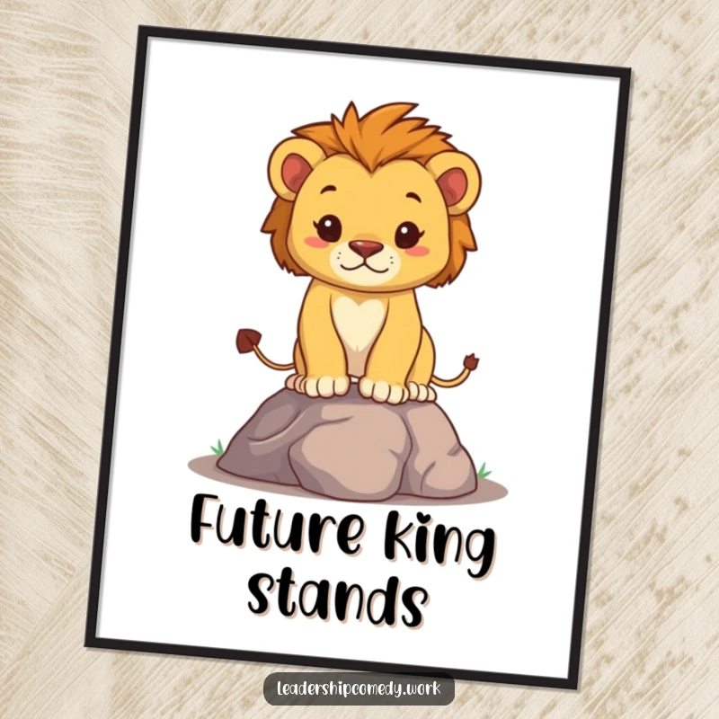 Funny lion cub digital art print of a determined cub standing tall, ideal for instant, inspiring wall decor, a fun funny gift.