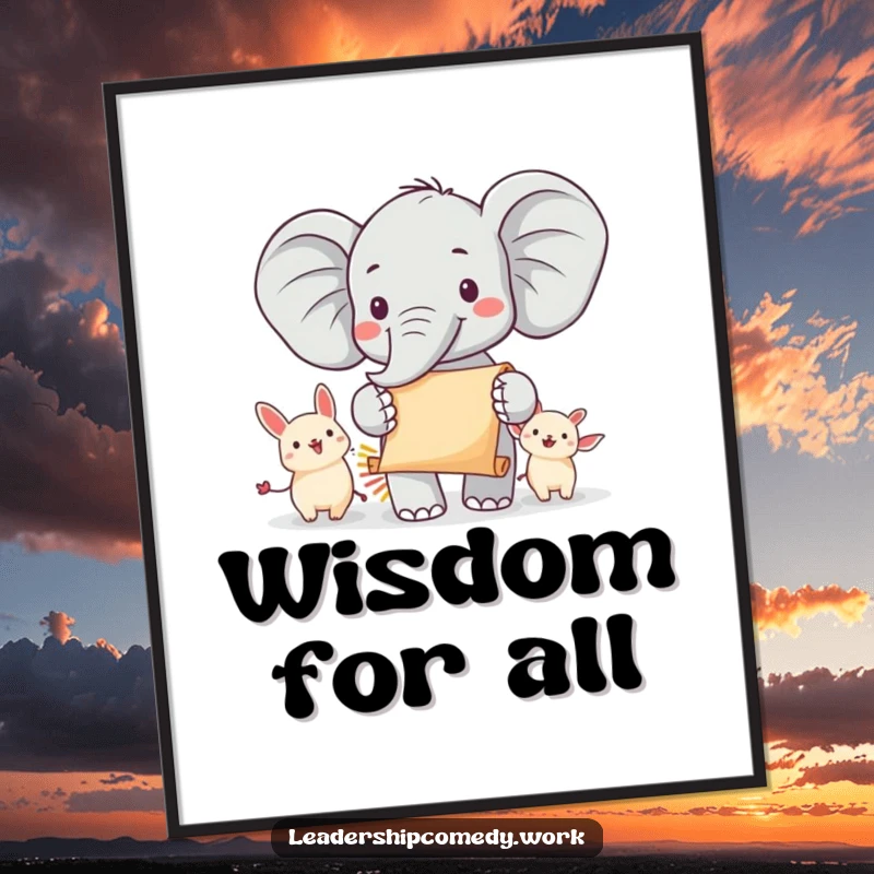 Funny elephant parade digital art print of a cheerful elephant leading animals with a scroll, ideal for instant, inspiring wall decor, a fun funny gift.