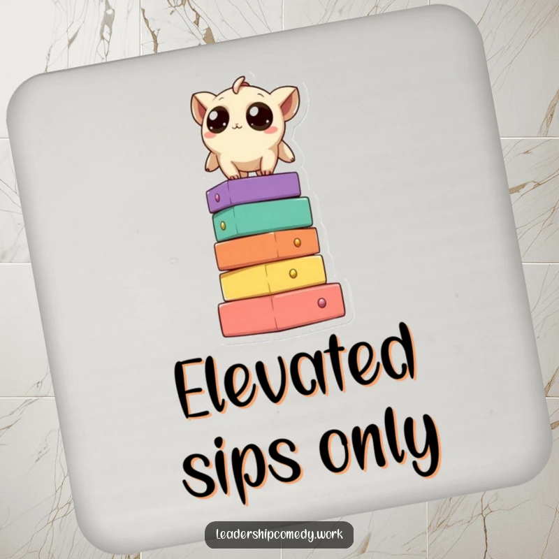 Funny drink coaster with a creature on a block tower, its curious eyes looking out playfully, adding humor to your drink setup.