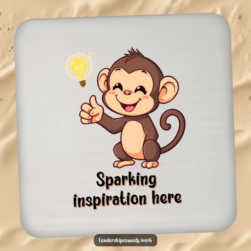 Funny monkey drink coaster, with a glowing idea bubble, adding humor and surface protection. A small, witty accessory.