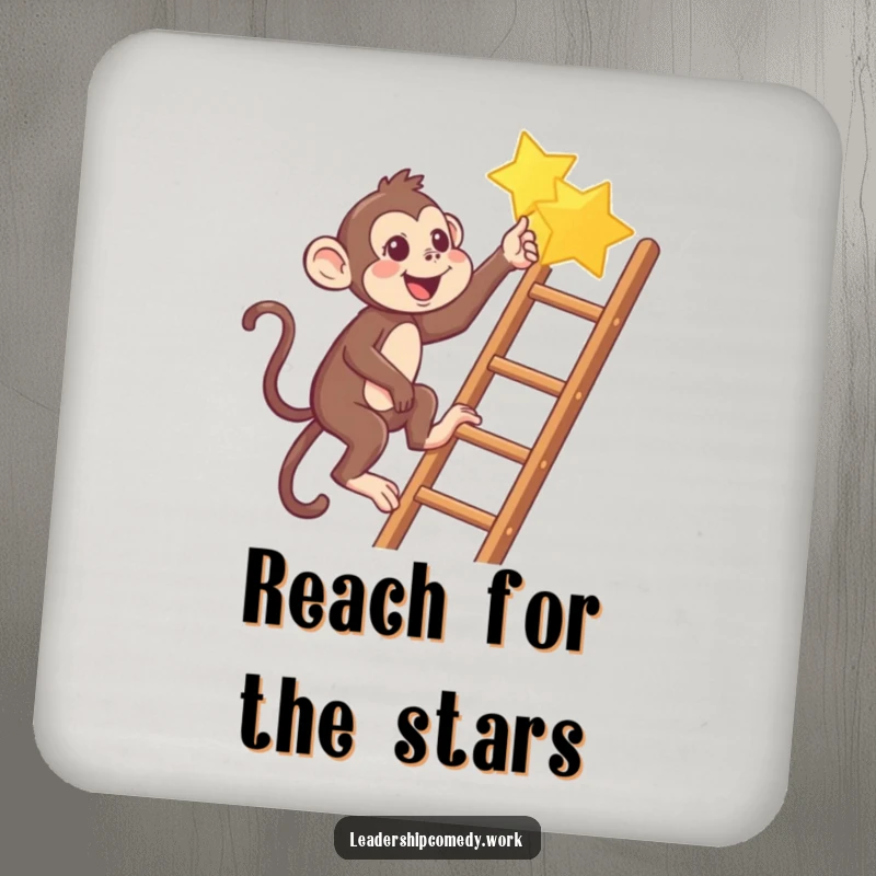 Funny Monkey climbing ladder drink coaster, pointing to a star, adding humor to home decor.