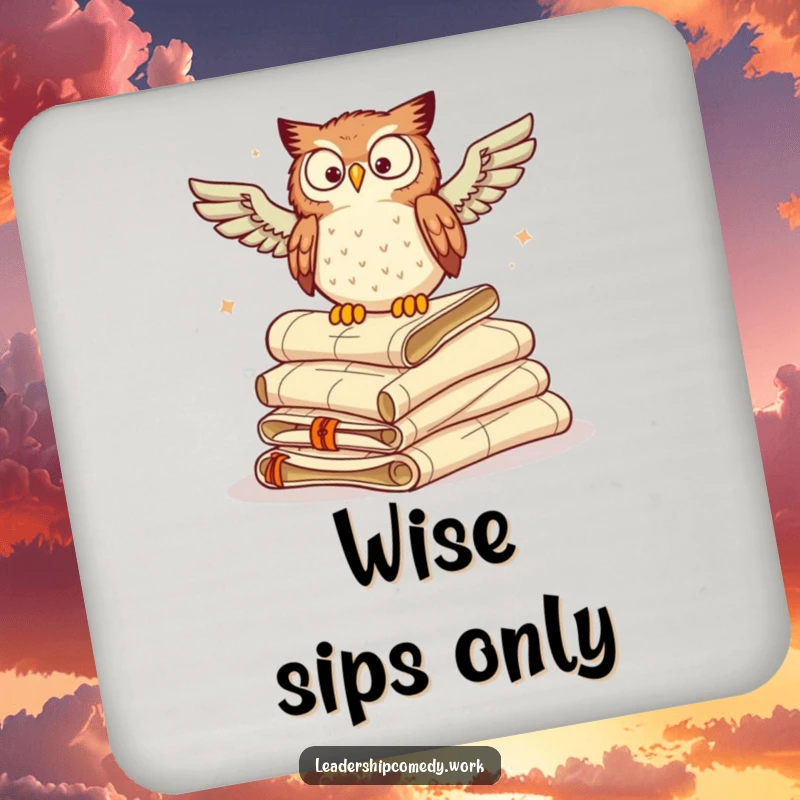 Funny drink coasters adorned with a wise owl perched on scrolls, protecting surfaces with scholarly charm.