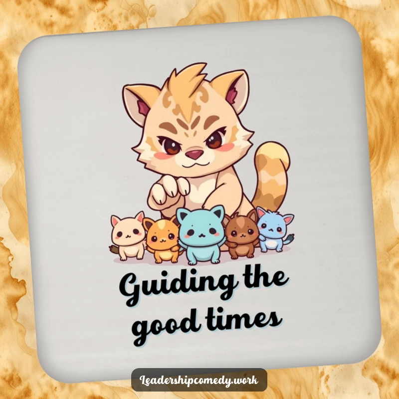 Funny drink coaster with a determined creature guiding smaller creatures with its paw, adding a touch of leadership and humor to your table.