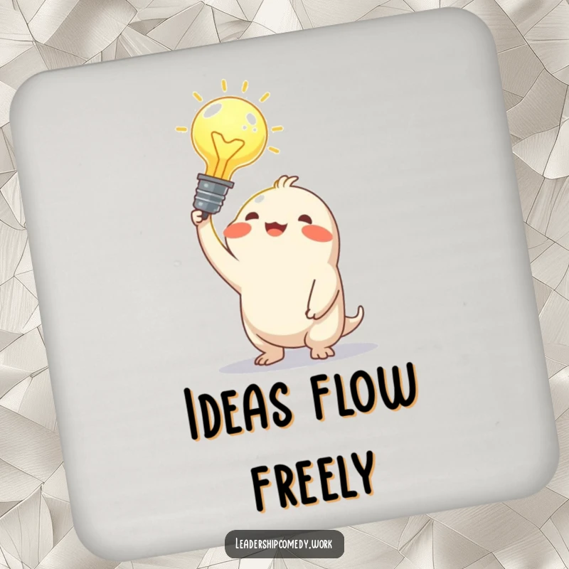 Funny drink coaster with a joyful creature holding a glowing idea bulb, symbolizing inspiration and protecting your surfaces.