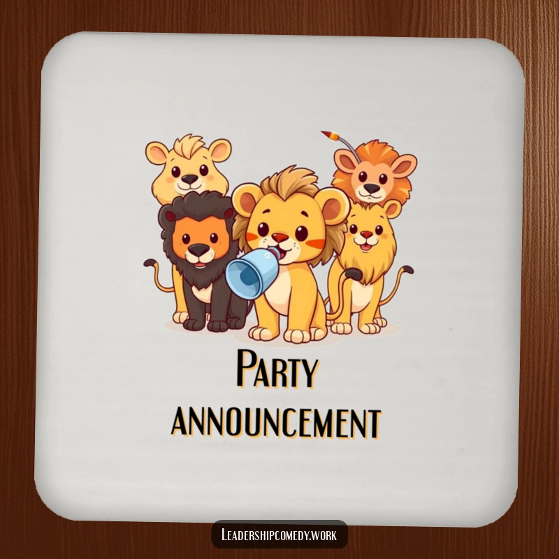 Funny drink coasters adorned with a brave lion cub leading animals with a megaphone, protecting surfaces with authority.