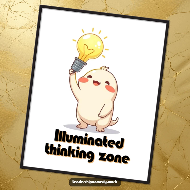 Funny poster showcasing a creature’s joyful expression as it holds a large, luminous idea bulb, signifying innovation and insight.