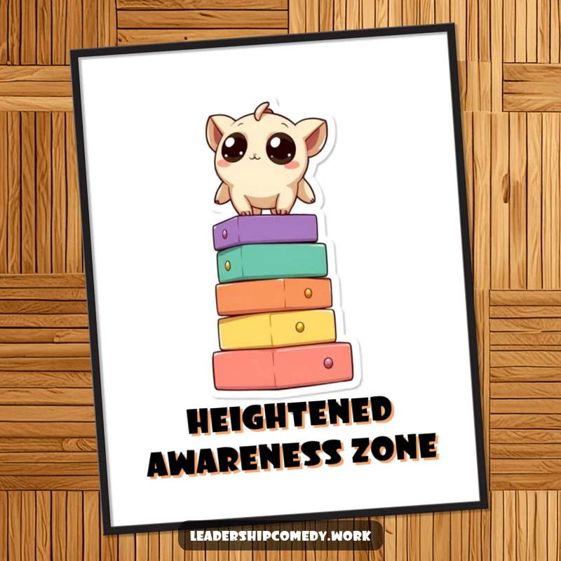 Funny poster showcasing a creature with wide, inquisitive eyes standing tall on a meticulously stacked tower of colorful blocks, looking thoughtful.