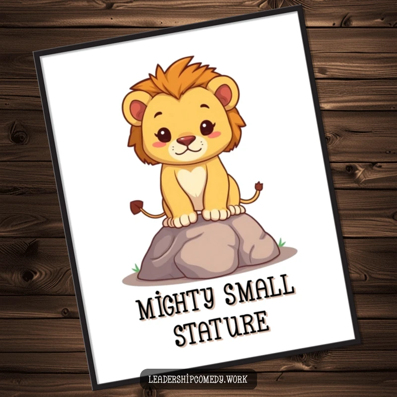Funny lion cub poster showing a determined cub standing tall with puffed chest, radiating courage and playful spirit, a bold funny gift.