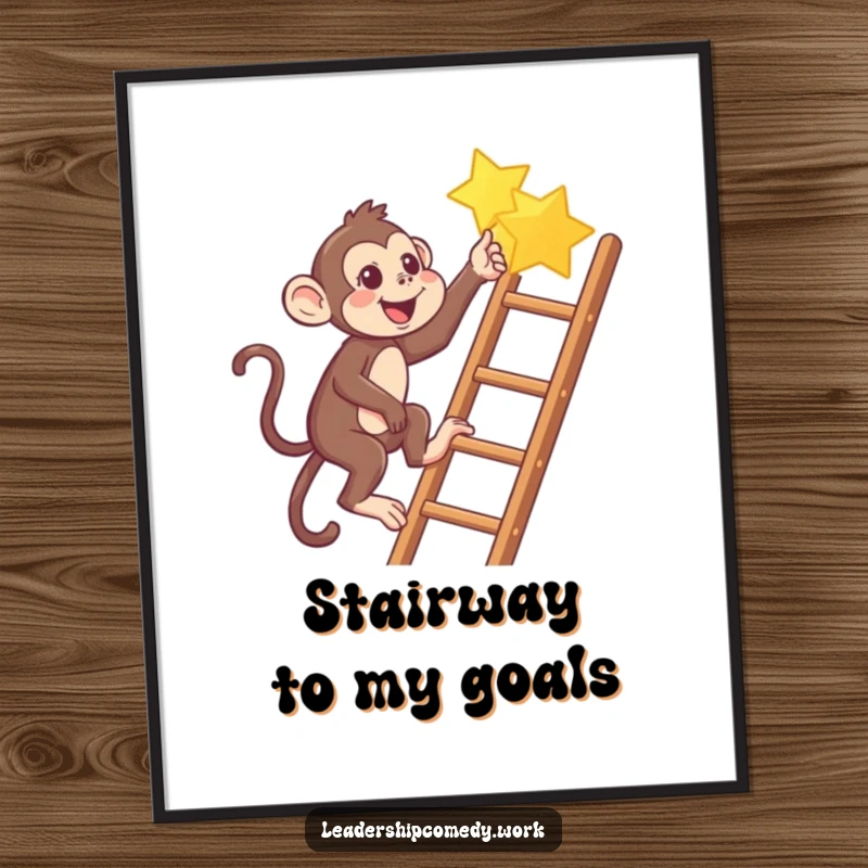 Funny Monkey climbing ladder poster, pointing to a star, humorous wall decor for dreamers.