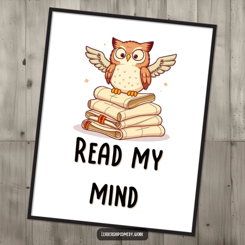 Funny poster art of a wise owl perched on a pile of scrolls, hooting directives and sharing ancient wisdom.