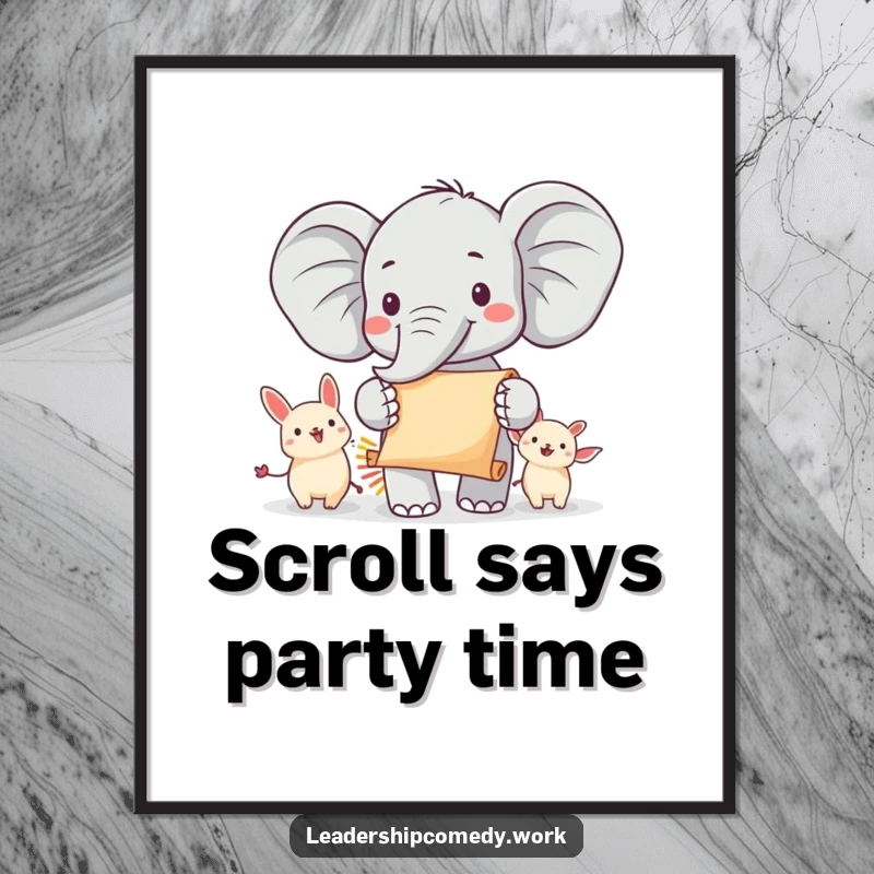 Funny elephant parade poster showing a cheerful elephant leading a procession of animals with a scroll, creating a joyful and inspiring scene, a fun funny gift.