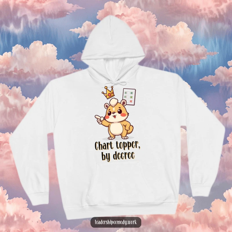 Funny hoodie: A creature with a tiny crown determinedly points at a floating chart, symbolizing leadership and motivational spirit.
