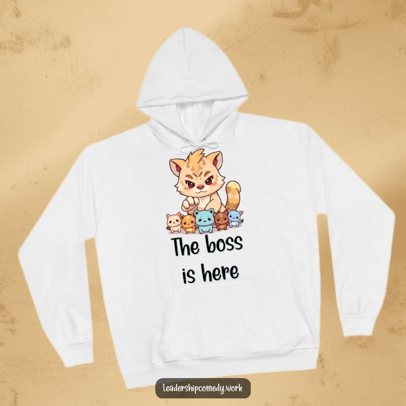 Funny hoodie illustrating a creature with a resolute expression, its paw extended to lead a group of smaller creatures with purpose.
