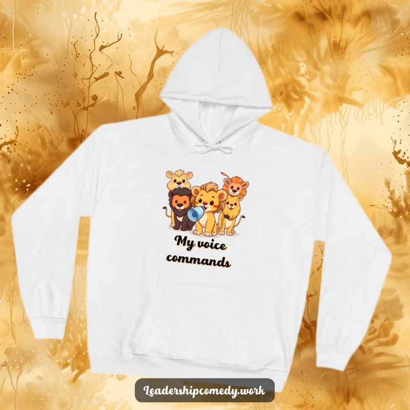Funny hoodie with a brave lion cub leading animals with a megaphone, designed for comfort and motivational vibes.
