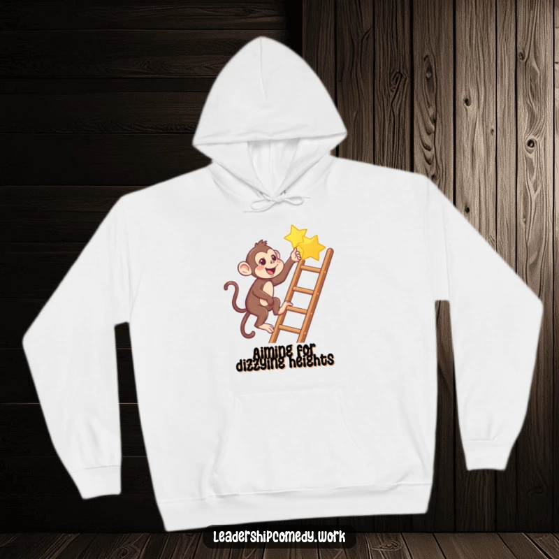 Funny Monkey climbing ladder hoodie, reaching for a star, conveying warmth and playful aspiration.
