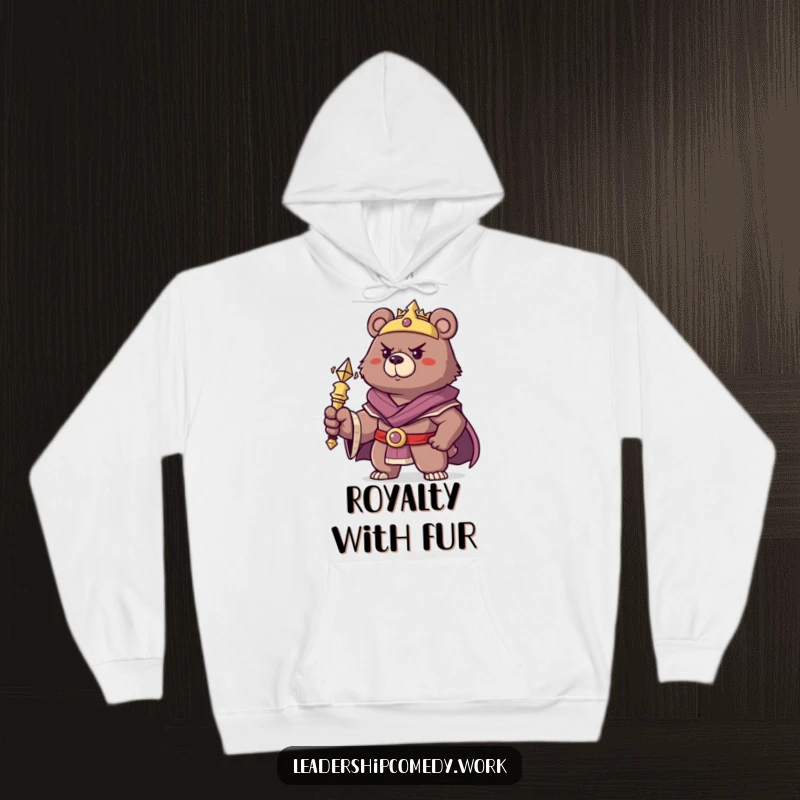 Funny bear king hoodie, holding a scepter confidently, a humorous and cozy royal apparel.