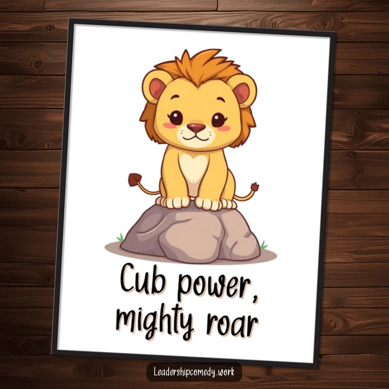 Funny Free Printable Wall Art: A determined lion cub stands proudly on a small mound, chest puffed out with brave spirit.