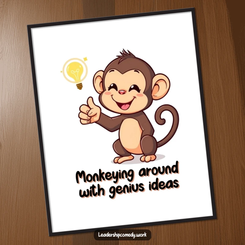 Funny Free Printable Wall Art: Monkey enthusiastically pointing at a glowing idea bubble, downloadable decor.