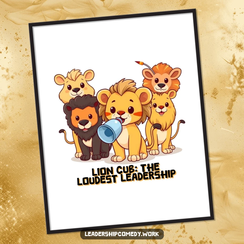 Funny Free Printable Wall Art: Brave lion cub holding a megaphone high, leading a diverse group of animals with enthusiastic energy.